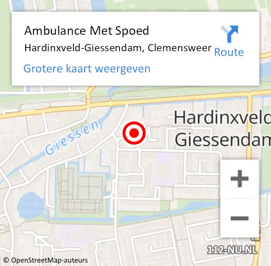 Locatie op kaart van de 112 melding: Ambulance Met Spoed Naar Hardinxveld-Giessendam, Clemensweer op 29 maart 2023 06:05