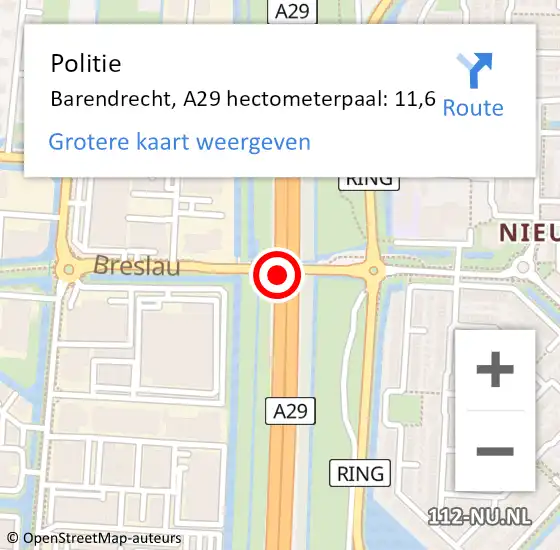 Locatie op kaart van de 112 melding: Politie Barendrecht, A29 hectometerpaal: 11,6 op 29 maart 2023 10:36