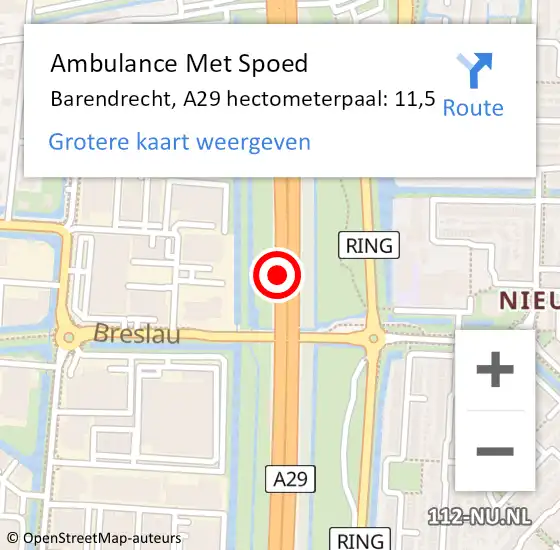 Locatie op kaart van de 112 melding: Ambulance Met Spoed Naar Barendrecht, A29 hectometerpaal: 11,5 op 29 maart 2023 10:37