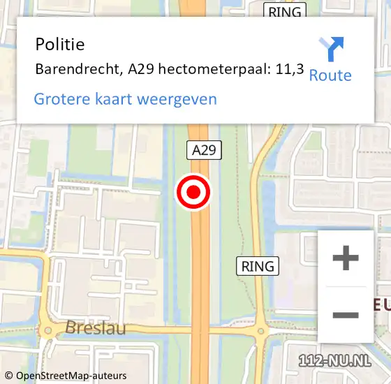 Locatie op kaart van de 112 melding: Politie Barendrecht, A29 hectometerpaal: 11,3 op 29 maart 2023 10:37