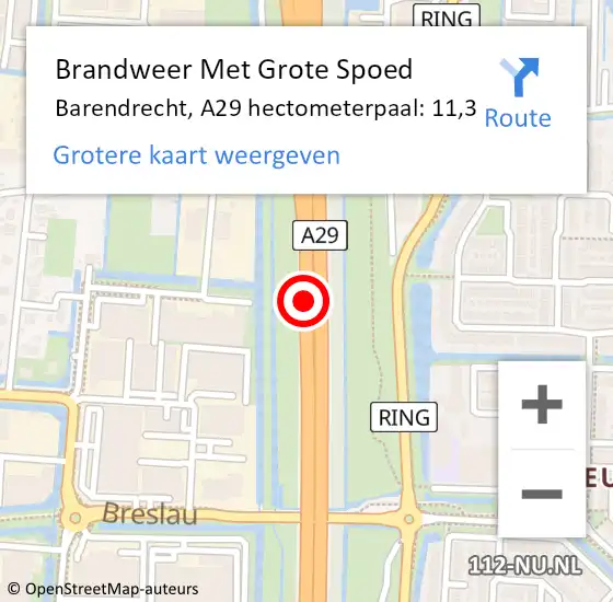 Locatie op kaart van de 112 melding: Brandweer Met Grote Spoed Naar Barendrecht, A29 hectometerpaal: 11,3 op 29 maart 2023 10:37