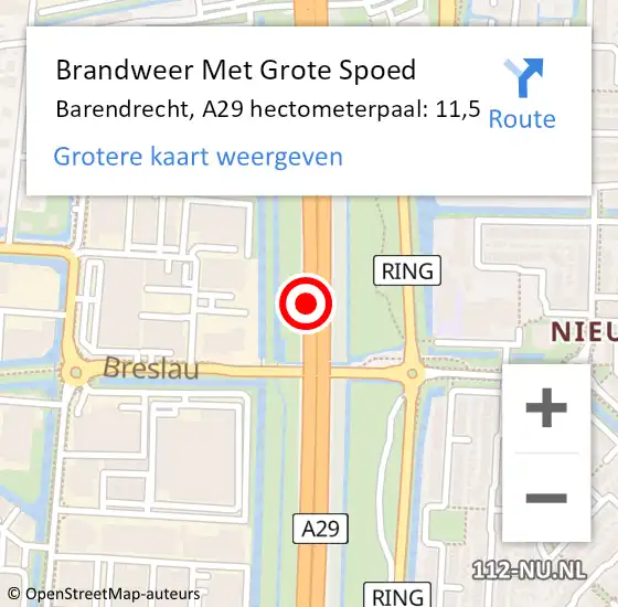 Locatie op kaart van de 112 melding: Brandweer Met Grote Spoed Naar Barendrecht, A29 hectometerpaal: 11,5 op 29 maart 2023 10:53