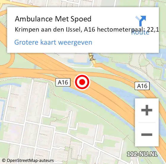 Locatie op kaart van de 112 melding: Ambulance Met Spoed Naar Krimpen aan den IJssel, A16 hectometerpaal: 22,1 op 29 maart 2023 16:20