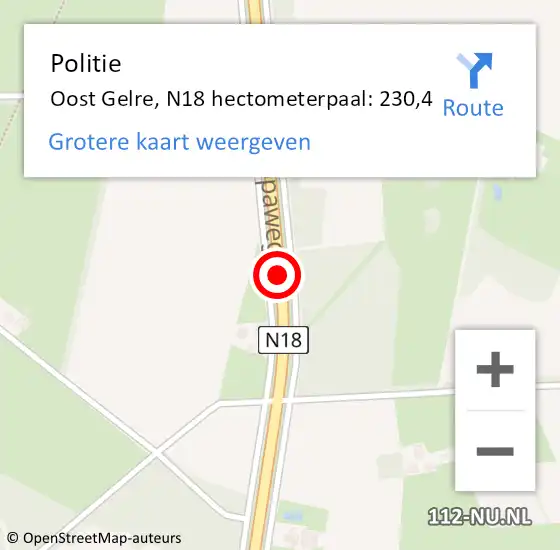 Locatie op kaart van de 112 melding: Politie Oost Gelre, N18 hectometerpaal: 230,4 op 29 maart 2023 16:31