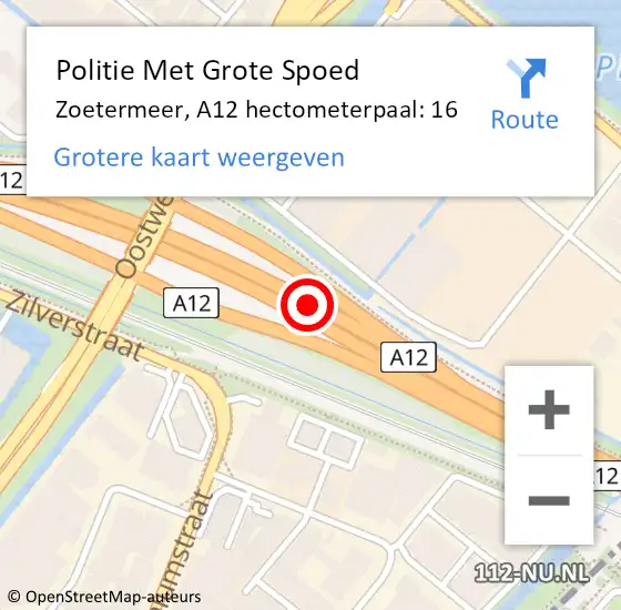 Locatie op kaart van de 112 melding: Politie Met Grote Spoed Naar Zoetermeer, A12 hectometerpaal: 16 op 29 maart 2023 16:50