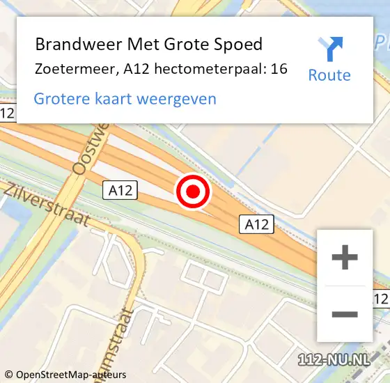Locatie op kaart van de 112 melding: Brandweer Met Grote Spoed Naar Zoetermeer, A12 hectometerpaal: 16 op 29 maart 2023 16:53