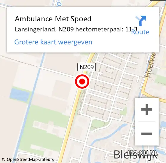 Locatie op kaart van de 112 melding: Ambulance Met Spoed Naar Lansingerland, N209 hectometerpaal: 11,3 op 29 maart 2023 17:00