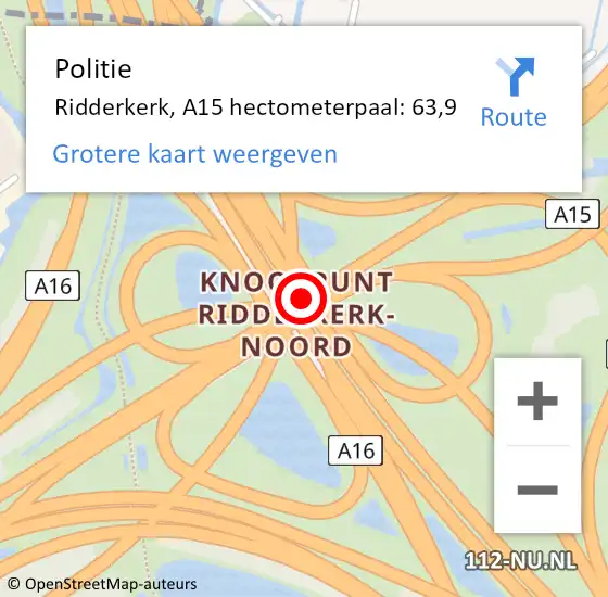Locatie op kaart van de 112 melding: Politie Ridderkerk, A15 hectometerpaal: 63,9 op 29 maart 2023 17:08