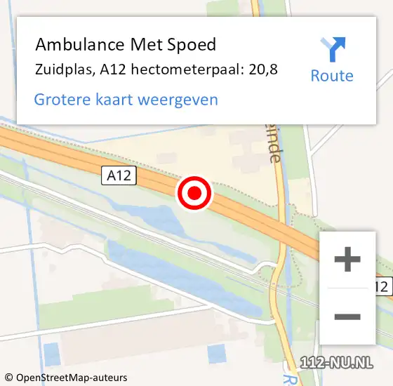 Locatie op kaart van de 112 melding: Ambulance Met Spoed Naar Zuidplas, A12 hectometerpaal: 20,8 op 29 maart 2023 17:13