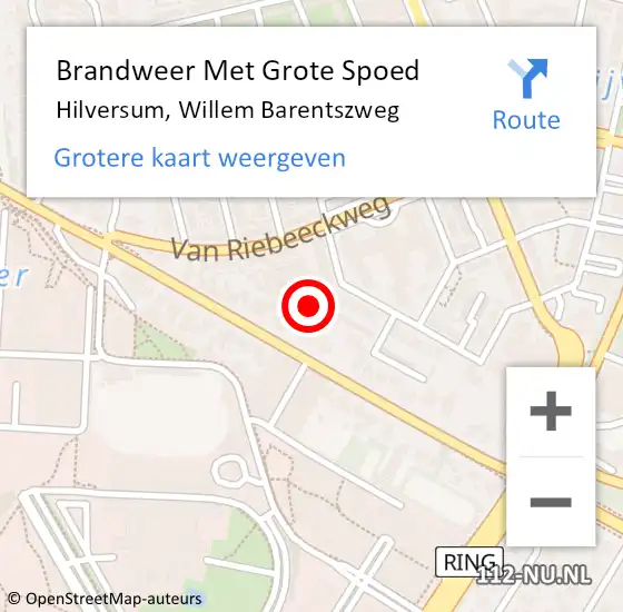 Locatie op kaart van de 112 melding: Brandweer Met Grote Spoed Naar Hilversum, Willem Barentszweg op 29 maart 2023 18:01