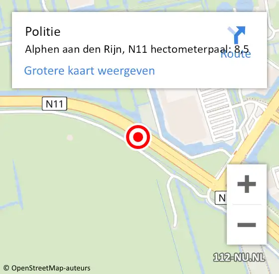 Locatie op kaart van de 112 melding: Politie Alphen aan den Rijn, N11 hectometerpaal: 8,5 op 29 maart 2023 20:37
