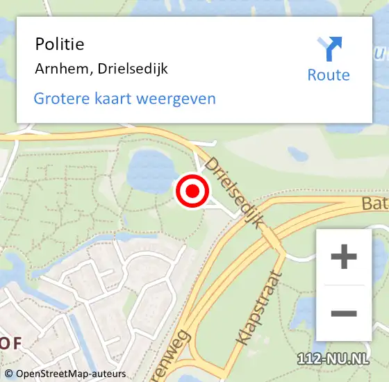 Locatie op kaart van de 112 melding: Politie Arnhem, Drielsedijk op 29 maart 2023 23:11