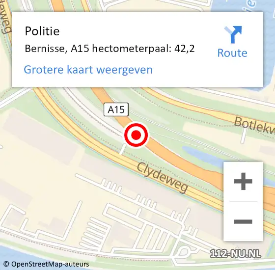 Locatie op kaart van de 112 melding: Politie Nissewaard, A15 hectometerpaal: 42,2 op 30 maart 2023 06:38