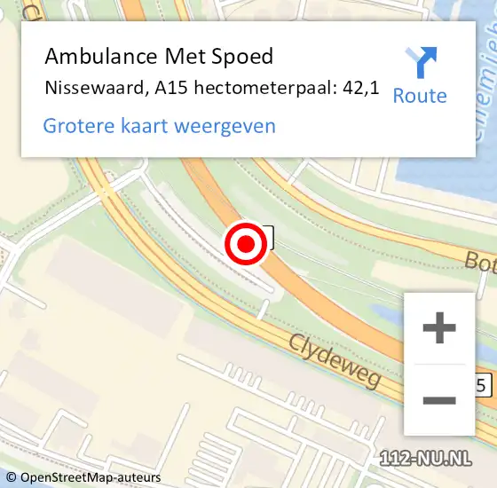 Locatie op kaart van de 112 melding: Ambulance Met Spoed Naar Nissewaard, A15 hectometerpaal: 42,1 op 30 maart 2023 06:39