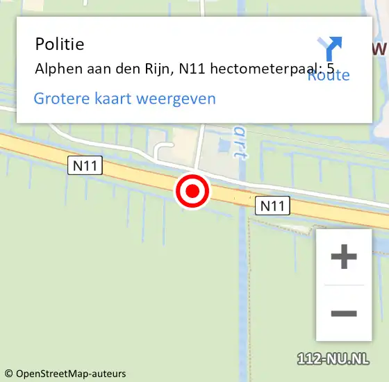 Locatie op kaart van de 112 melding: Politie Alphen aan den Rijn, N11 hectometerpaal: 5 op 30 maart 2023 07:20