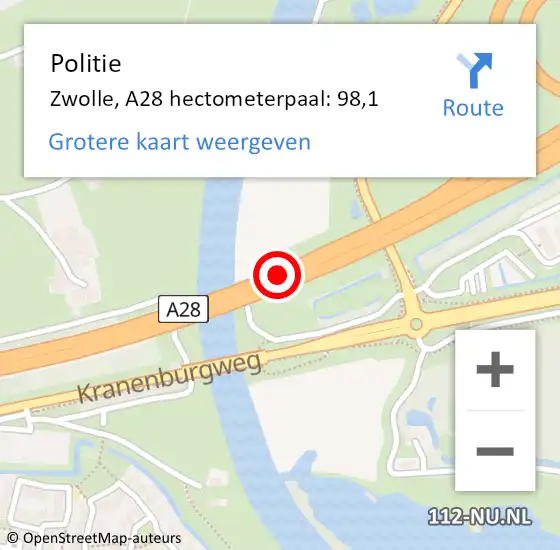 Locatie op kaart van de 112 melding: Politie Zwolle, A28 hectometerpaal: 98,1 op 30 maart 2023 08:14