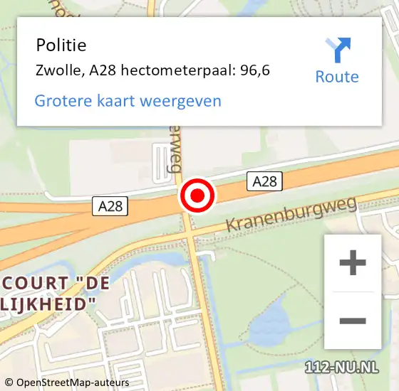 Locatie op kaart van de 112 melding: Politie Zwolle, A28 hectometerpaal: 96,6 op 30 maart 2023 08:15