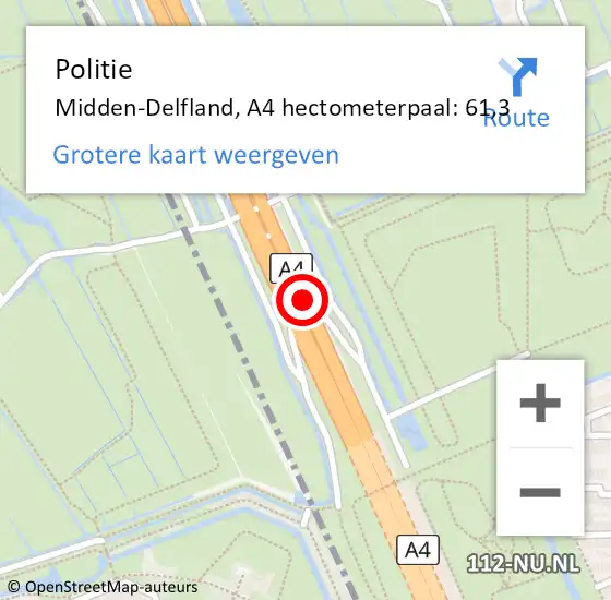 Locatie op kaart van de 112 melding: Politie Midden-Delfland, A4 hectometerpaal: 61,3 op 30 maart 2023 10:32