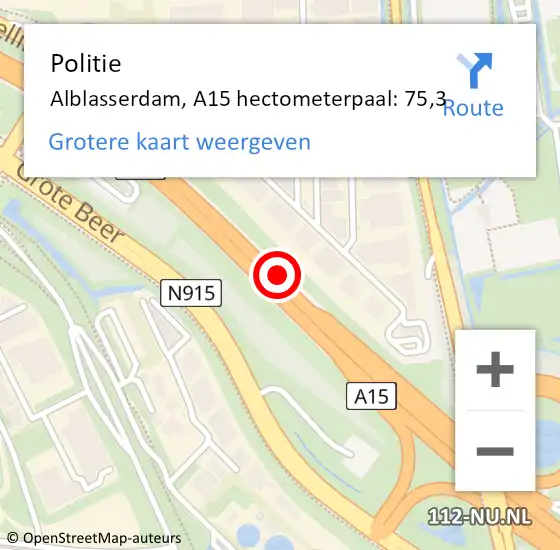 Locatie op kaart van de 112 melding: Politie Alblasserdam, A15 hectometerpaal: 75,3 op 30 maart 2023 14:48