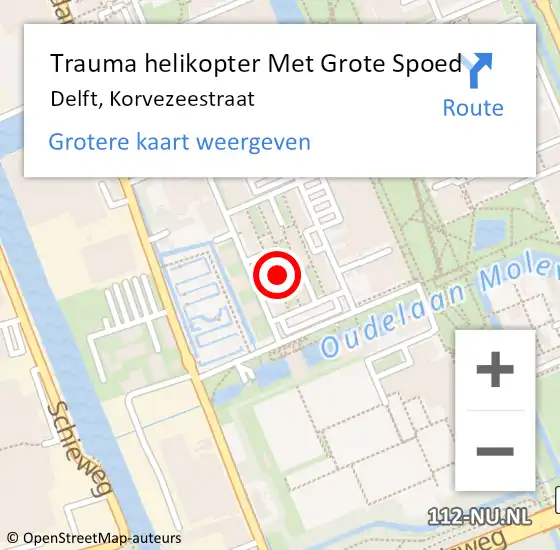 Locatie op kaart van de 112 melding: Trauma helikopter Met Grote Spoed Naar Delft, Korvezeestraat op 30 maart 2023 16:31