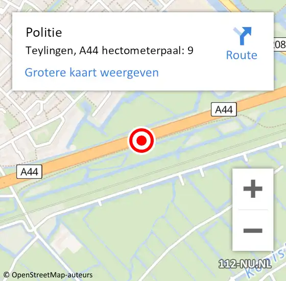 Locatie op kaart van de 112 melding: Politie Teylingen, A44 hectometerpaal: 9 op 30 maart 2023 16:40