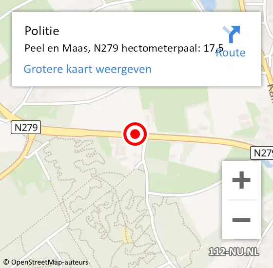 Locatie op kaart van de 112 melding: Politie Peel en Maas, N279 hectometerpaal: 17,5 op 30 maart 2023 17:16