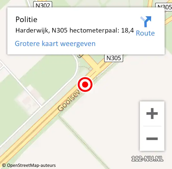 Locatie op kaart van de 112 melding: Politie Harderwijk, N305 hectometerpaal: 18,4 op 30 maart 2023 17:28