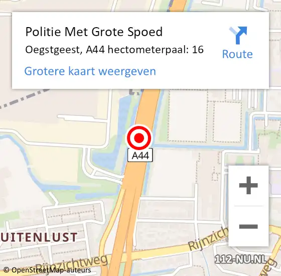 Locatie op kaart van de 112 melding: Politie Met Grote Spoed Naar Oegstgeest, A44 hectometerpaal: 16 op 30 maart 2023 17:45