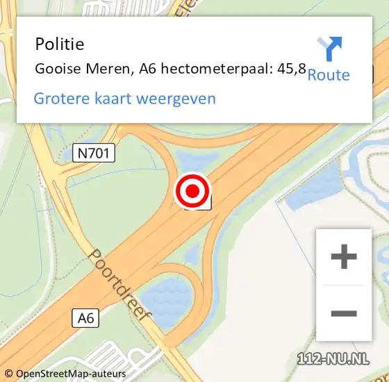 Locatie op kaart van de 112 melding: Politie Gooise Meren, A6 hectometerpaal: 45,8 op 30 maart 2023 18:01