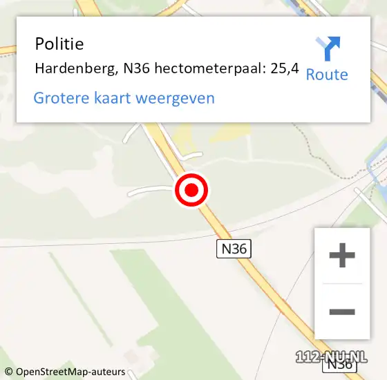 Locatie op kaart van de 112 melding: Politie Hardenberg, N36 hectometerpaal: 25,4 op 31 maart 2023 00:23