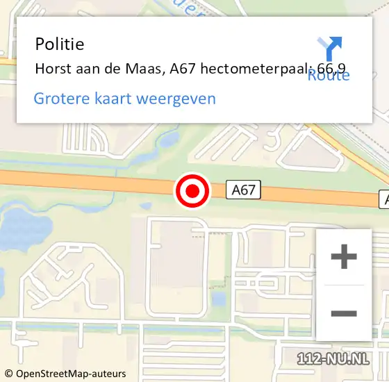 Locatie op kaart van de 112 melding: Politie Horst aan de Maas, A67 hectometerpaal: 66,9 op 31 maart 2023 12:46