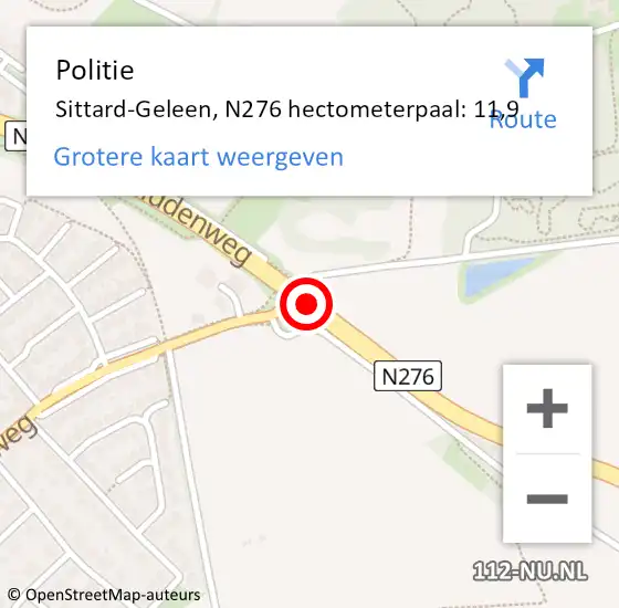 Locatie op kaart van de 112 melding: Politie Sittard-Geleen, N276 hectometerpaal: 11,9 op 31 maart 2023 13:50