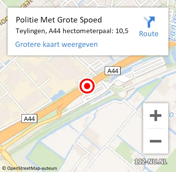 Locatie op kaart van de 112 melding: Politie Met Grote Spoed Naar Teylingen, A44 hectometerpaal: 10,5 op 31 maart 2023 15:23