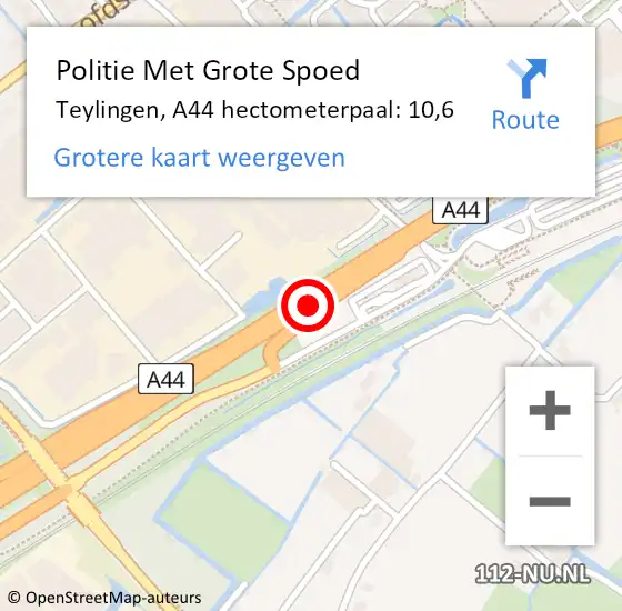 Locatie op kaart van de 112 melding: Politie Met Grote Spoed Naar Teylingen, A44 hectometerpaal: 10,6 op 31 maart 2023 15:23