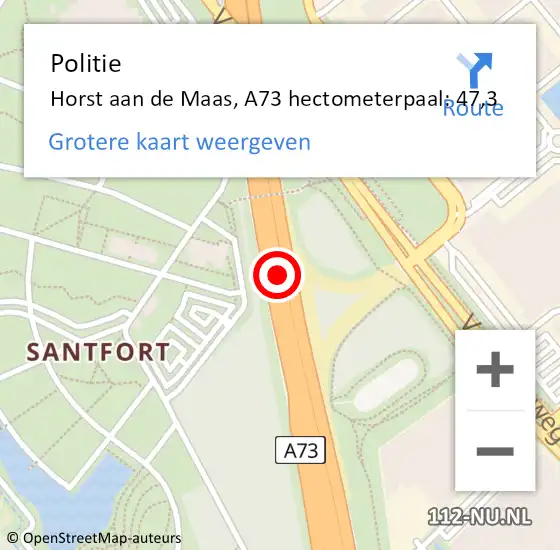 Locatie op kaart van de 112 melding: Politie Horst aan de Maas, A73 hectometerpaal: 47,3 op 31 maart 2023 15:50