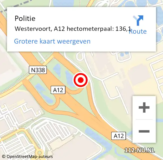 Locatie op kaart van de 112 melding: Politie Westervoort, A12 hectometerpaal: 136,1 op 31 maart 2023 16:31