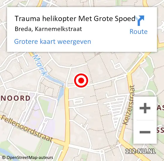 Locatie op kaart van de 112 melding: Trauma helikopter Met Grote Spoed Naar Breda, Karnemelkstraat op 31 maart 2023 17:03