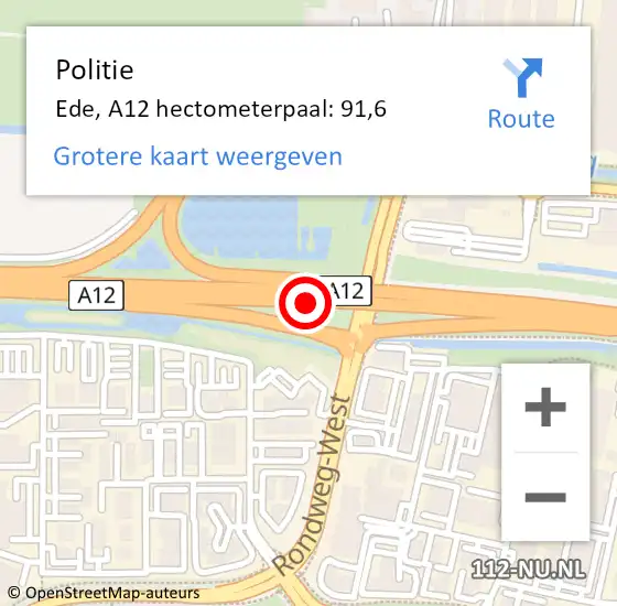 Locatie op kaart van de 112 melding: Politie Ede, A12 hectometerpaal: 91,6 op 31 maart 2023 18:03