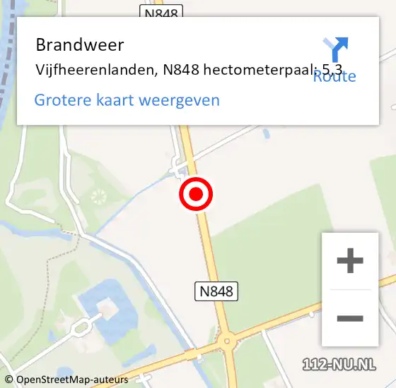 Locatie op kaart van de 112 melding: Brandweer Vijfheerenlanden, N848 hectometerpaal: 5,3 op 31 maart 2023 18:51