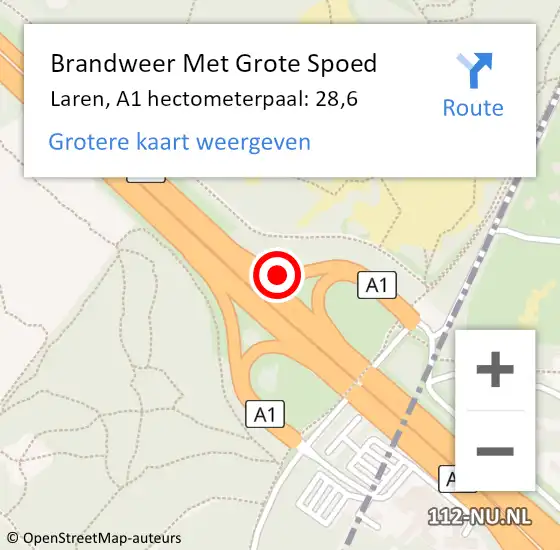 Locatie op kaart van de 112 melding: Brandweer Met Grote Spoed Naar Laren, A1 hectometerpaal: 28,6 op 31 maart 2023 20:51