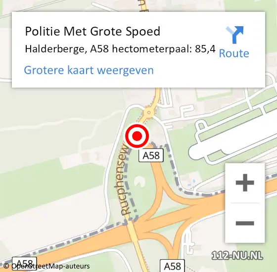 Locatie op kaart van de 112 melding: Politie Met Grote Spoed Naar Halderberge, A58 hectometerpaal: 85,4 op 31 maart 2023 21:12