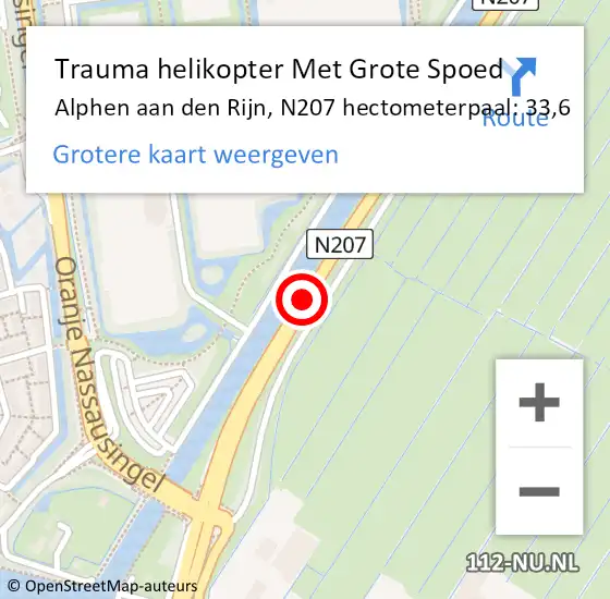 Locatie op kaart van de 112 melding: Trauma helikopter Met Grote Spoed Naar Alphen aan den Rijn, N207 hectometerpaal: 33,6 op 31 maart 2023 21:37