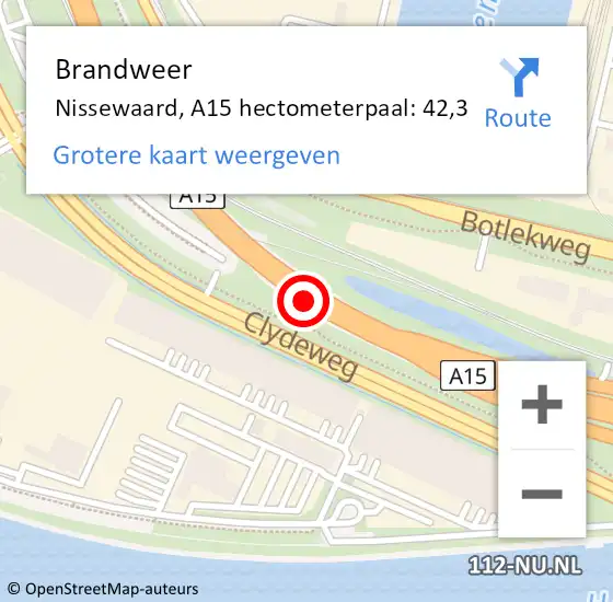 Locatie op kaart van de 112 melding: Brandweer Nissewaard, A15 hectometerpaal: 42,3 op 31 maart 2023 22:29