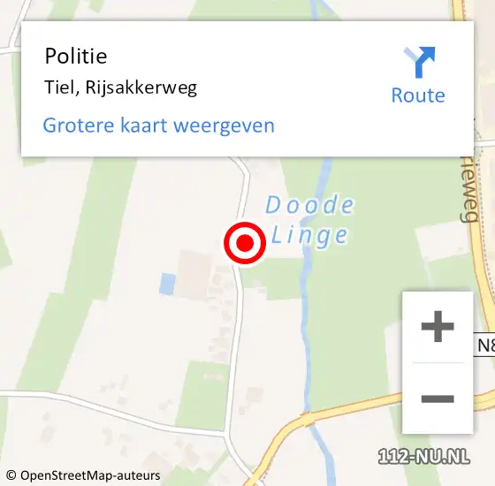 Locatie op kaart van de 112 melding: Politie Tiel, Rijsakkerweg op 1 april 2023 00:52