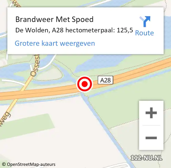 Locatie op kaart van de 112 melding: Brandweer Met Spoed Naar De Wolden, A28 hectometerpaal: 125,5 op 1 april 2023 02:44