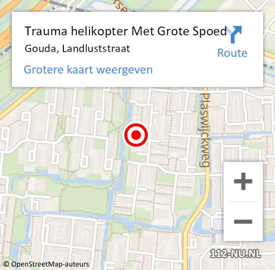 Locatie op kaart van de 112 melding: Trauma helikopter Met Grote Spoed Naar Gouda, Landluststraat op 1 april 2023 04:40