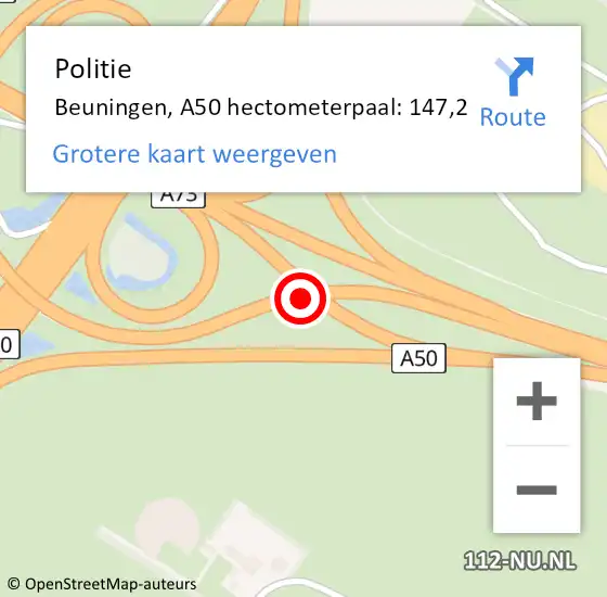 Locatie op kaart van de 112 melding: Politie Beuningen, A50 hectometerpaal: 147,2 op 1 april 2023 07:51