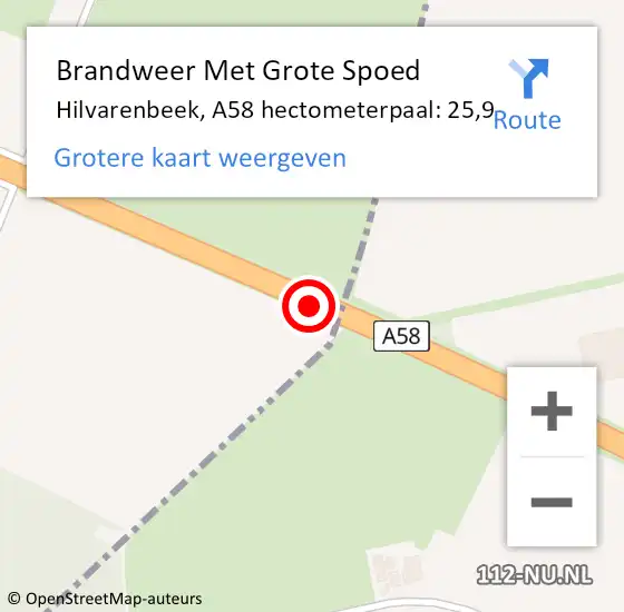 Locatie op kaart van de 112 melding: Brandweer Met Grote Spoed Naar Hilvarenbeek, A58 hectometerpaal: 25,9 op 1 april 2023 08:34