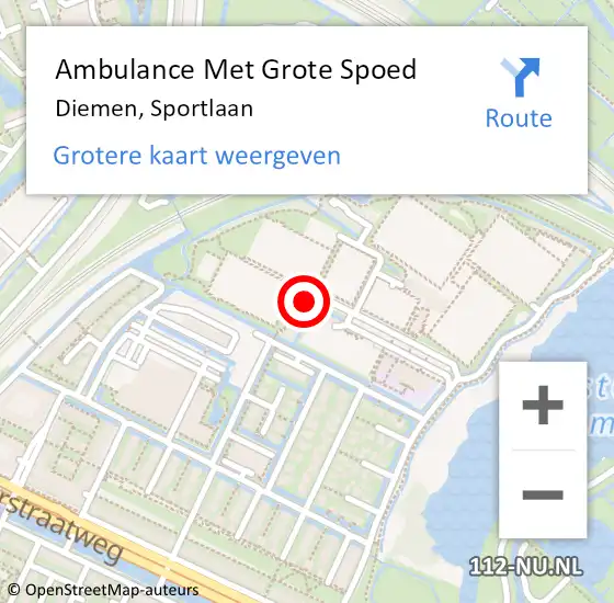 Locatie op kaart van de 112 melding: Ambulance Met Grote Spoed Naar Diemen, Sportlaan op 1 april 2023 10:06