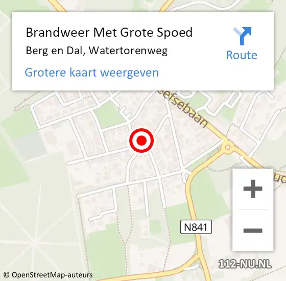 Locatie op kaart van de 112 melding: Brandweer Met Grote Spoed Naar Berg en Dal, Watertorenweg op 1 april 2023 10:46